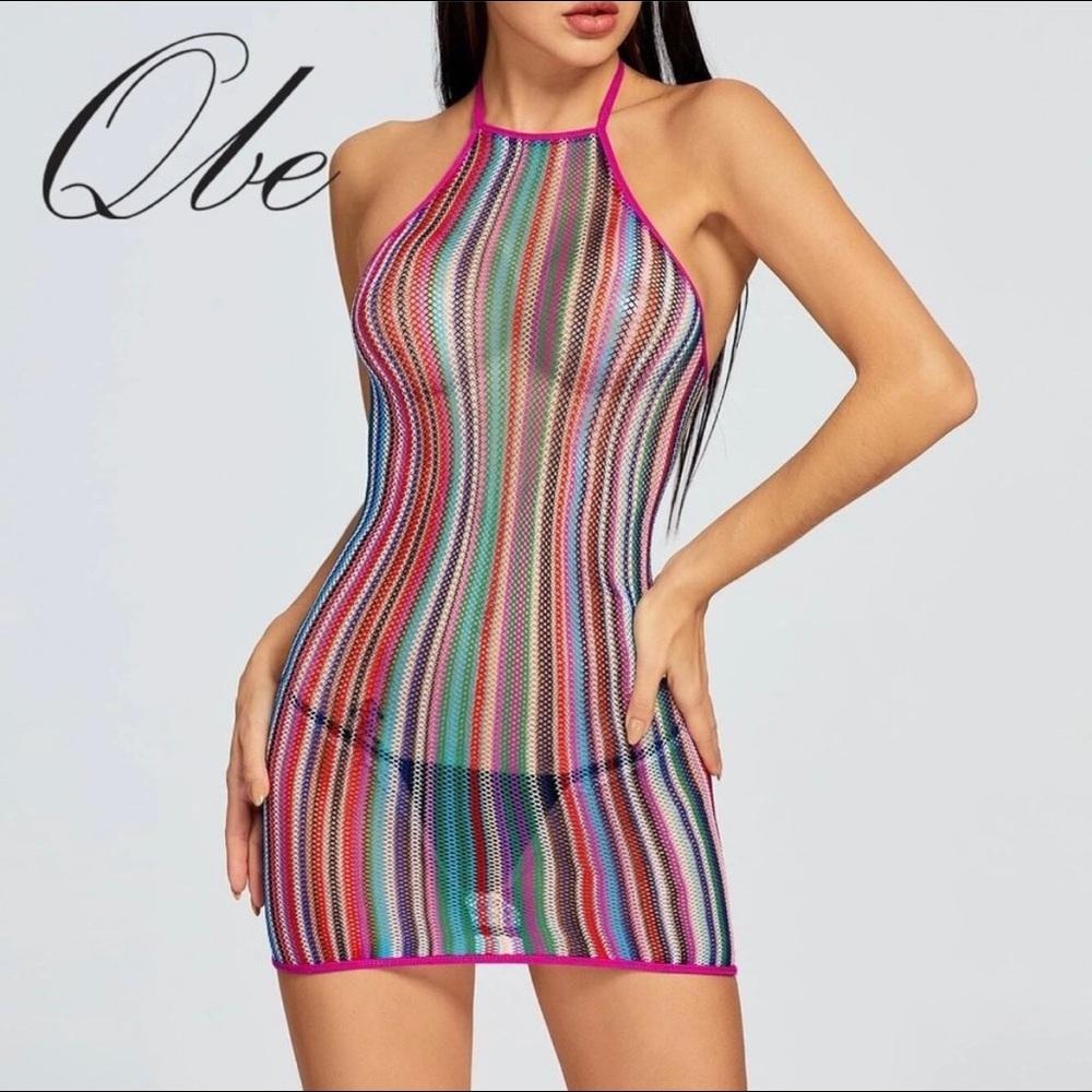 Qbe Colorful Stripe Halter fishnet cover up-dress - one size